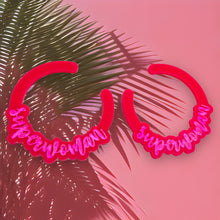 Load image into Gallery viewer, SUPERWOMAN EARRINGS, ENGRAVED Earrings, Empowering Earrings, Handcrafted Earrings, Modern Secure Fit Hoop Dangle Earrings, Acrylic Earrings