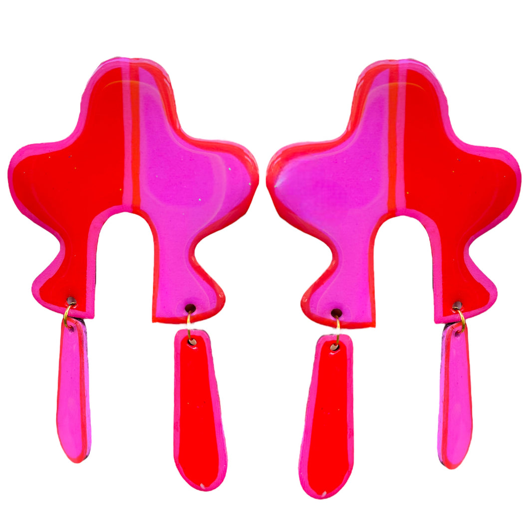 Handpainted Pink and Orange Squiggle Earrings - Unique and Vibrant Accessories