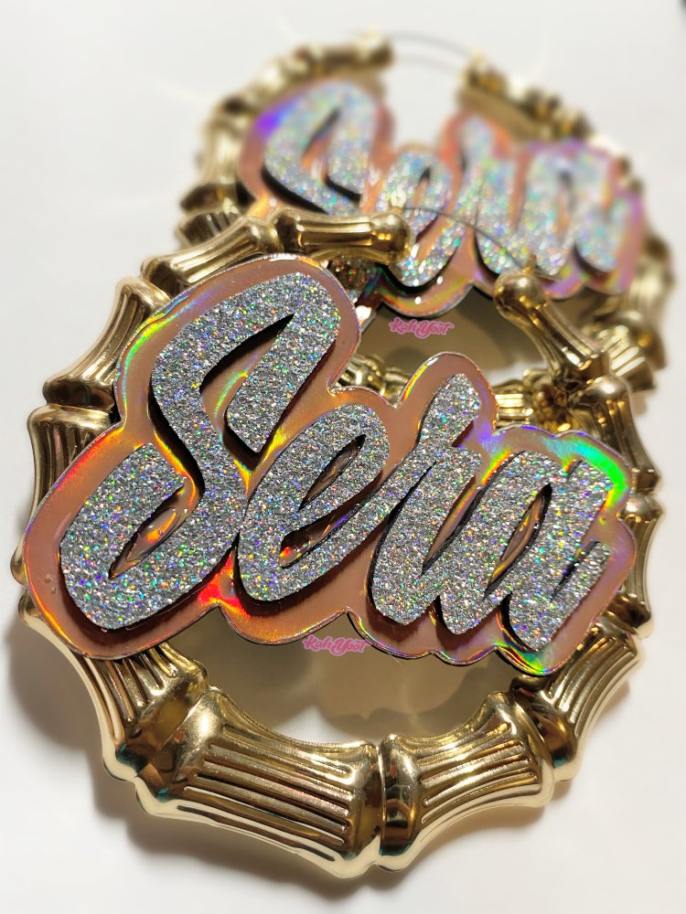 Iridescent, Custom Jewelry, Personalized Name Acrylic, Multicolor Bamboo Large Earrings for women Hip Hop Big Circle