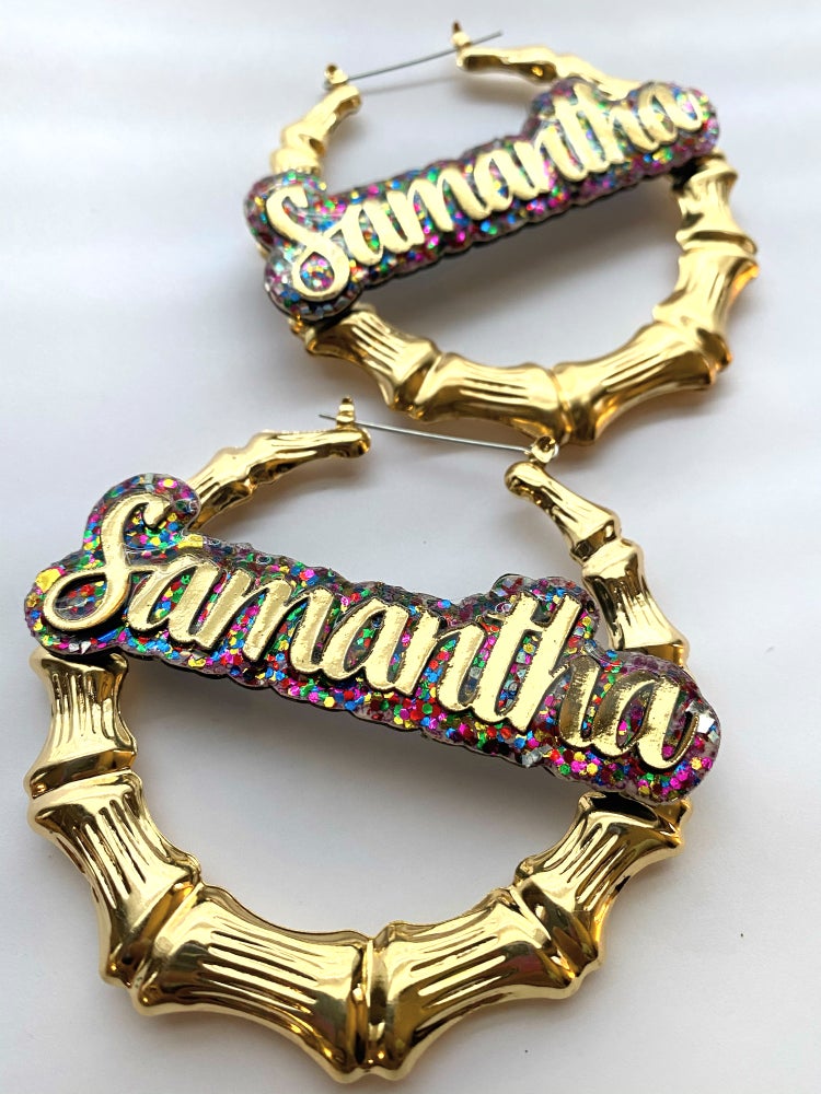 Rainbow, Custom Jewelry, Personalized Name Acrylic, Multicolor Bamboo Large Earrings for Women Hip Hop Big Circle