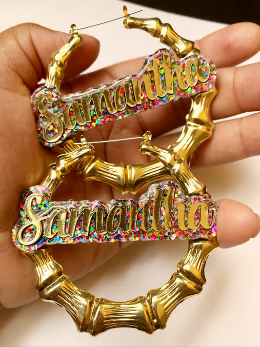 Rainbow, Custom Jewelry, Personalized Name Acrylic, Multicolor Bamboo Large Earrings for Women Hip Hop Big Circle