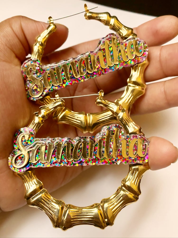 Rainbow, Custom Jewelry, Personalized Name Acrylic, Multicolor Bamboo Large Earrings for Women Hip Hop Big Circle