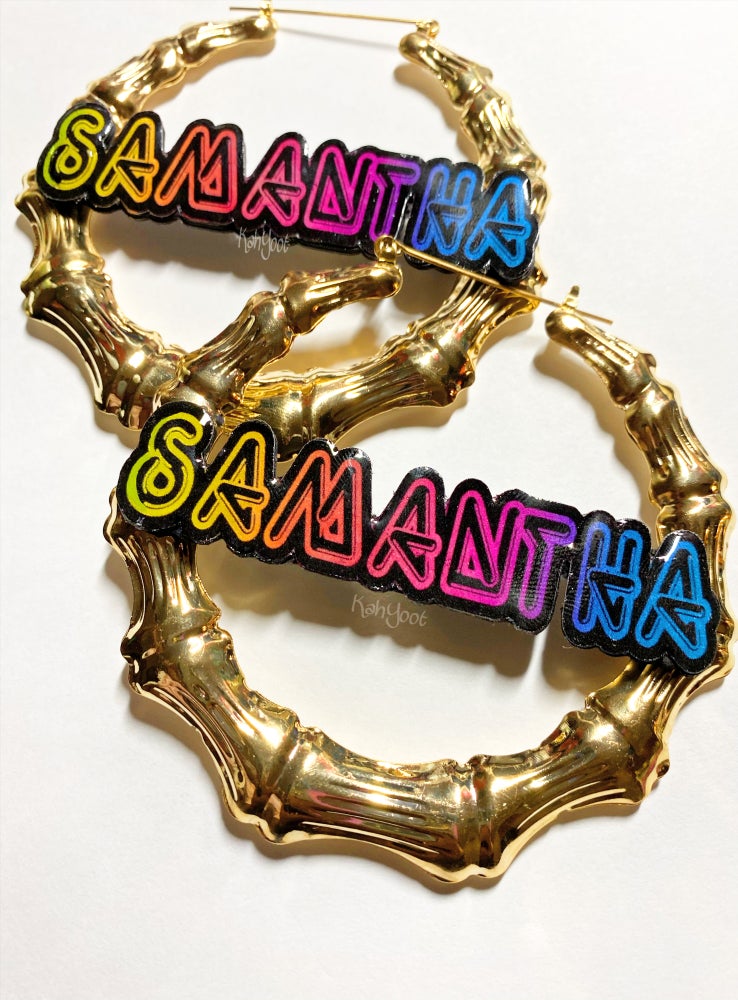 Rainbow Ombre, Custom Jewelry, Personalized Name Acrylic, Multicolor Bamboo Large Earrings for Women Hip Hop Big Circle
