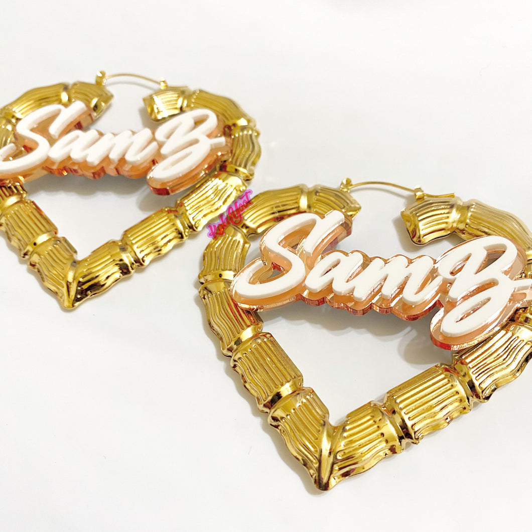 HEART BAMBOO EARRING, Nameplate Earrings, Beautiful Heart Bamboo Earring With Custom Nameplate Perfect Gift For Friends
