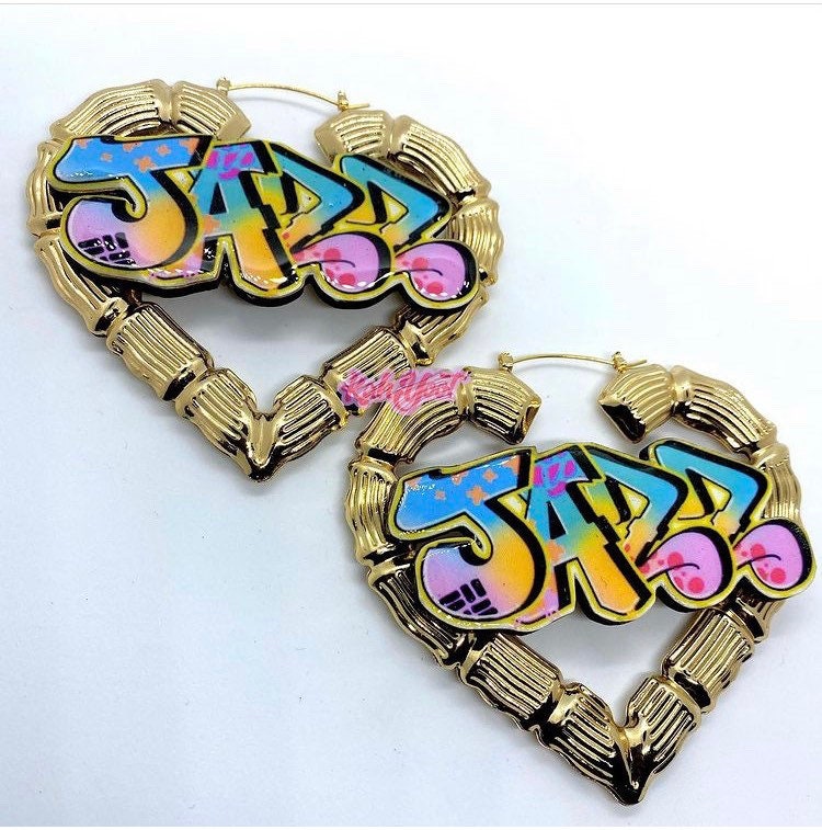 HEART BAMBOO EARRING, Nameplate Earring, Acrylic Gold Custom Nameplate Perfect Gift For Gf