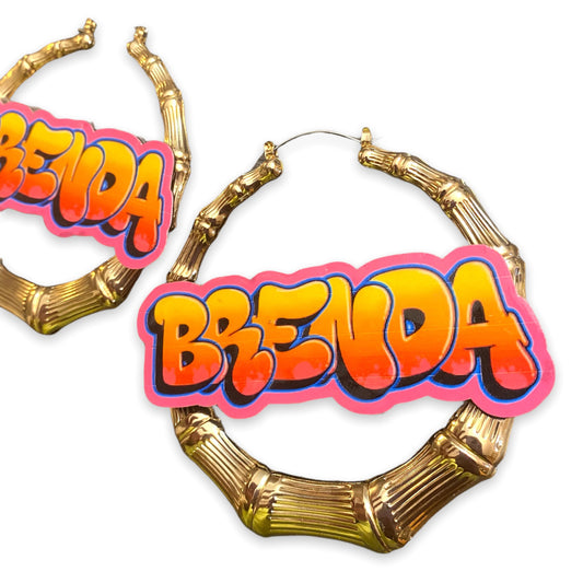 Custom Graffiti Retro Nameplate Bamboo Hoop Earrings