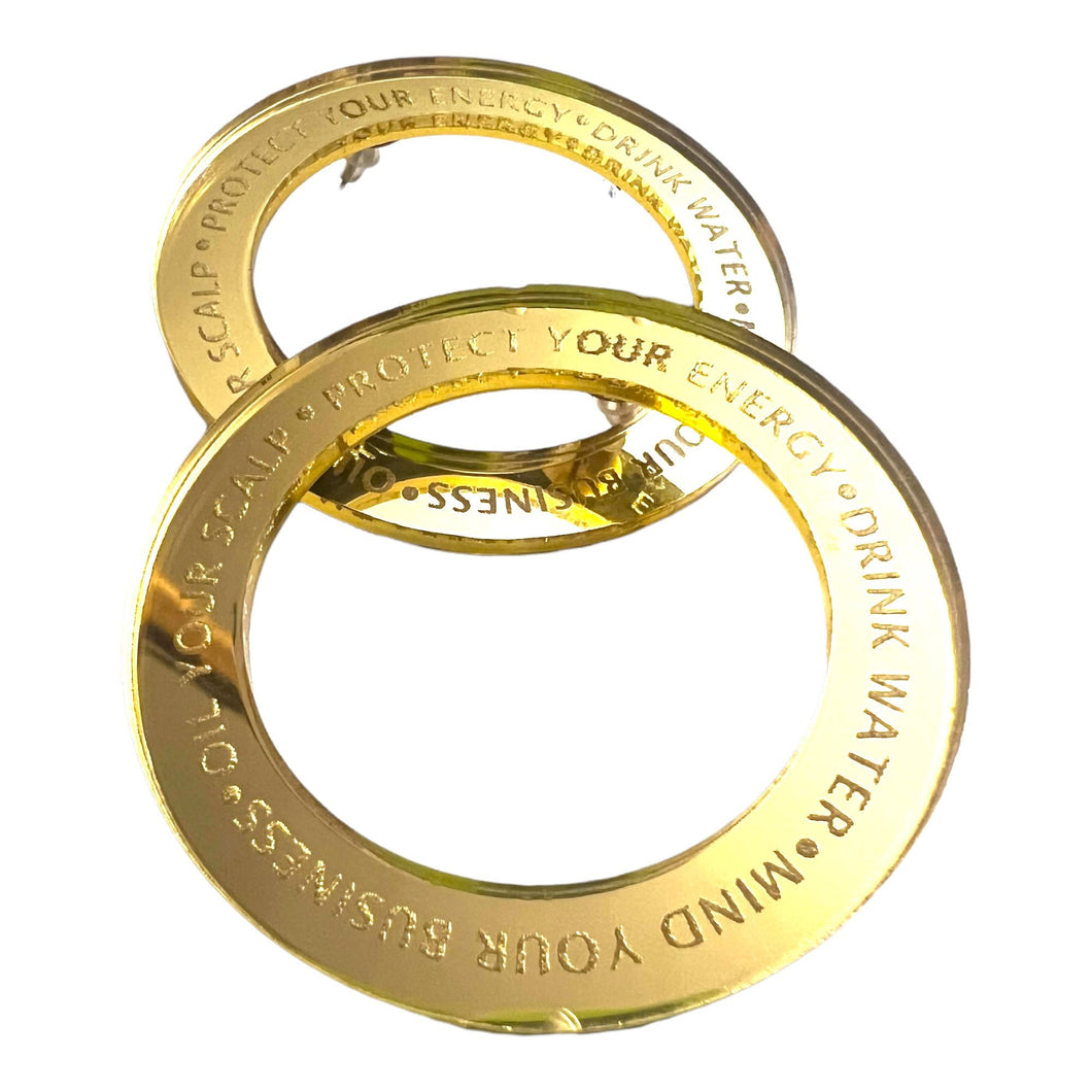 PROTECT YOUR ENERGY earrings, acrylic Dangle, Elegant Circle Earring Customize Gold Nameplate Perfect Wear To Casual