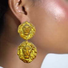 Load image into Gallery viewer, Gold Iridescent Lion Drop Earrings, Leo Zodiac Sign Earrings Gift For Her, Lion Head Earrings, Leo Earrings  July August Birthday Gift
