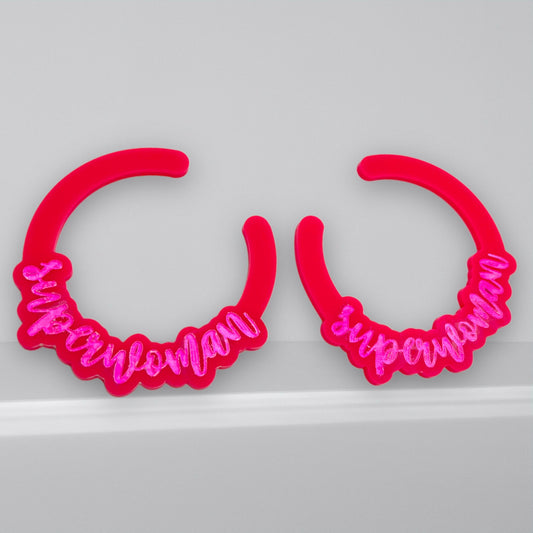 SUPERWOMAN EARRINGS, ENGRAVED Earrings, Empowering Earrings, Handcrafted Earrings, Modern Secure Fit Hoop Dangle Earrings, Acrylic Earrings