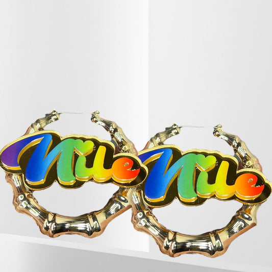 Custom Ombré Rainbow Retro Nameplate Bamboo Hoop Earrings Personalized