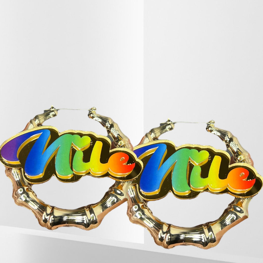 Custom Ombré Rainbow Retro Nameplate Bamboo Hoop Earrings Personalized