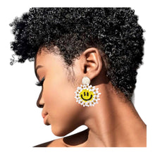 Load image into Gallery viewer, Yellow Smiley Face Beaded Dangle Earrings - Fun Statement Earrings for Birthdays Unique Gift for Her
