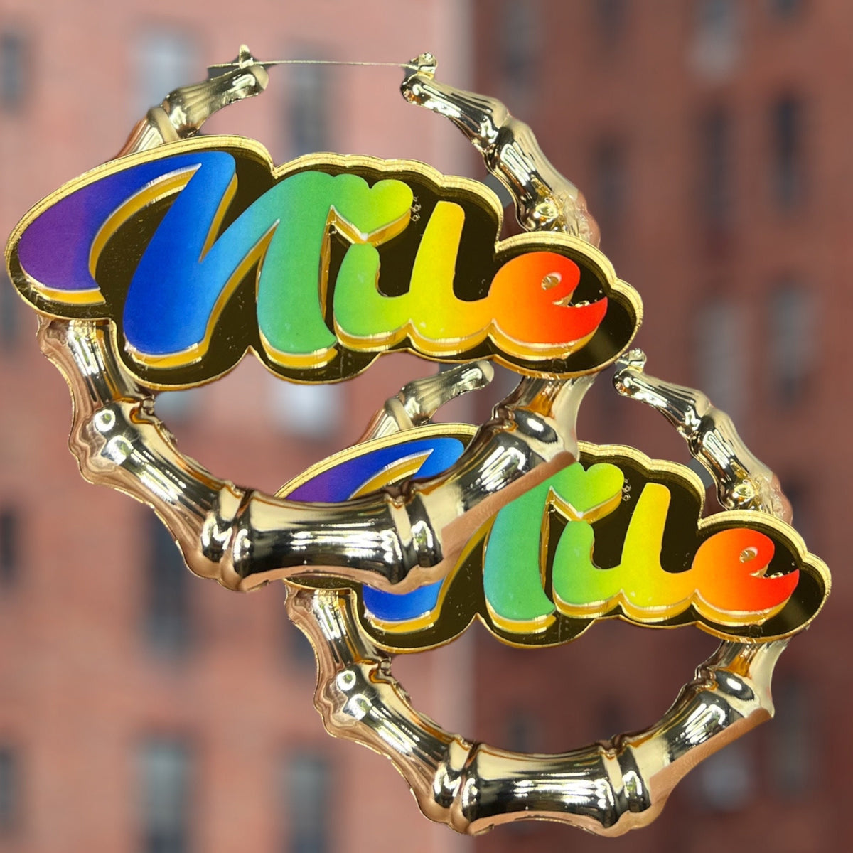 Custom Ombré Rainbow Retro Nameplate Bamboo Hoop Earrings Personalized