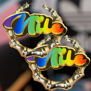 Custom Ombré Rainbow Retro Nameplate Bamboo Hoop Earrings Personalized