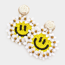 Load image into Gallery viewer, Yellow Smiley Face Beaded Dangle Earrings - Fun Statement Earrings for Birthdays Unique Gift for Her
