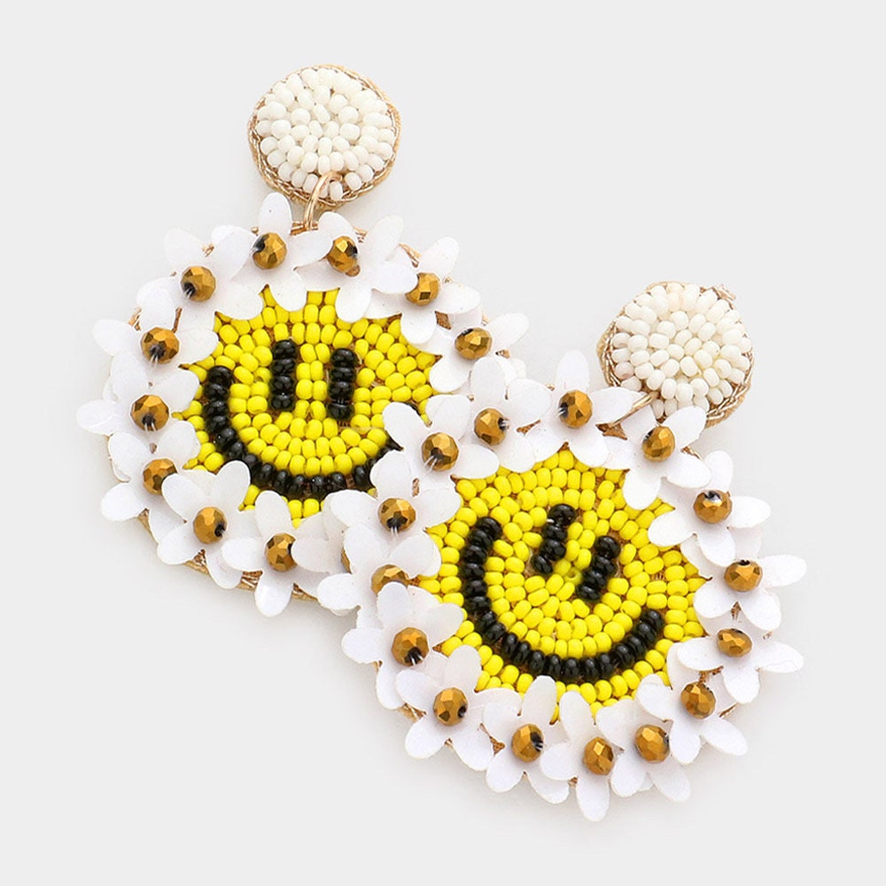 Yellow Smiley Face Beaded Dangle Earrings - Fun Statement Earrings for Birthdays Unique Gift for Her